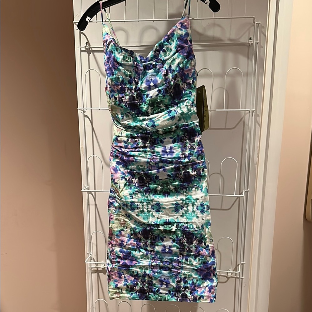 Nicole Miller Ruched Blue and Purple Cocktail Midi Dress